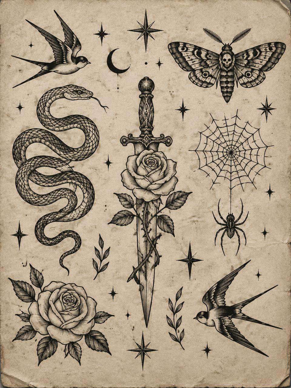 Tatueringsmönster i klassisk flash-stil: orm, ros, dolk, svala och spindelnät